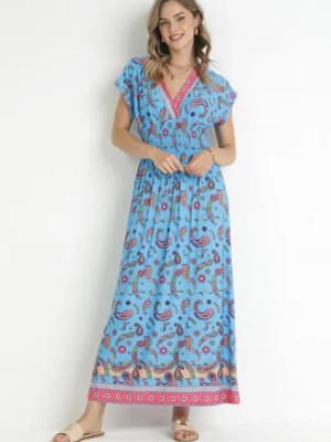 Niebieska Kopertowa Sukienka Maxi z Gumką w Pasie we Wzór Paisley Anitte