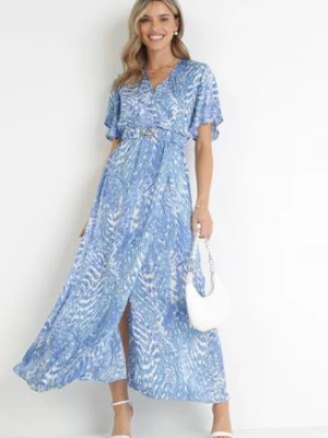 Niebieska Kopertowa Sukienka Maxi z Gumką w Talii i Elastycznym Paskiem Lahelli