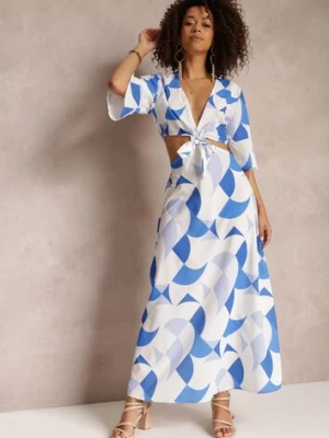 Niebieska Kopertowa Sukienka Maxi z Rozkloszowanym Dołem i Wiązaniem Alylina