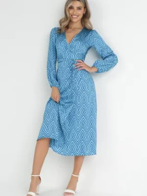 Niebieska Kopertowa Sukienka Midi w Geometryczny Print Zese
