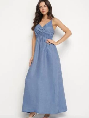 Niebieska Kopertowa Sukienka na Ramiączkach z Wiskozy Zdobiona Cyrkoniami Ararielle cflo