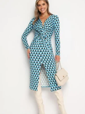 Niebieska Kopertowa Sukienka o Dopasowanym Kroju z Supełkiem Anjela by swan