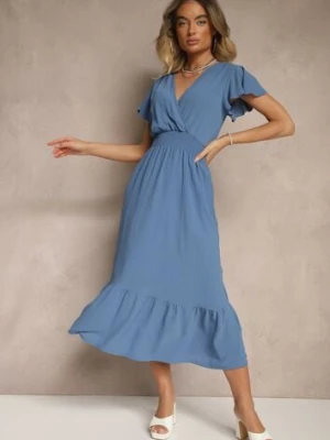 Niebieska Kopertowa Sukienka o Rozkloszowanym Fasonie z Gumką w Talii Reivione j&x