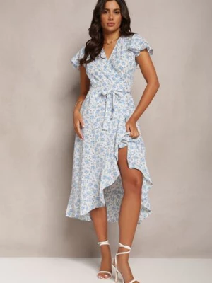 Niebieska Kopertowa Sukienka w Kwiaty Wakena rosa