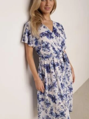 Niebieska Kopertowa Sukienka w Kwiaty z Wiązanym Paskiem i Brokatem Hilingea m&d fashion