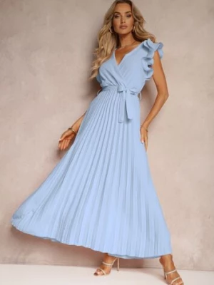 Niebieska Kopertowa Sukienka z Gumką w Pasie i Materiałowym Paskiem Ozdobiona Falbankami Tiamatalia allyson