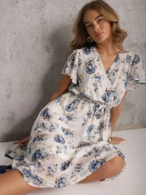 Niebieska Kopertowa Sukienka z Wiązaniem w Talii Zdobiona Brokatem Plumse m&d fashion