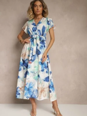 Niebieska Kopertowa Sukienka z Wiązanym Paskiem w Kwiatowy Wzór Redellira lovery