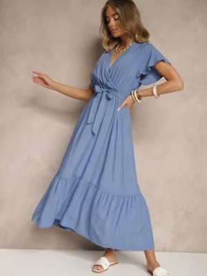 Niebieska Kopertowa Sukienka z Wiskozy Ozdobiona Paskiem Savioneira j&x