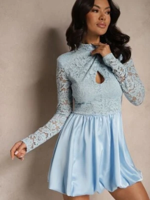 Niebieska Koronkowa Sukienka Bombka o Rozkloszowanym Kroju z Wycięciem Desoriel allyson