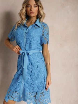 Niebieska Koronkowa Sukienka Koszulowa Midi z Paskiem Azariela elsa.m by may
