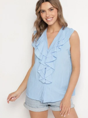 Niebieska Koszula Bez Rękawów z Wiskozą z Dekoltem w Serek i Falbaną Arlimi New Collection