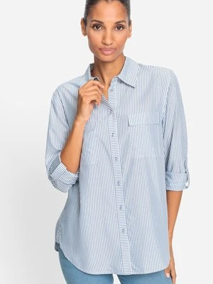 Niebieska koszula damska w paski z wiskozą - Basic Olsen