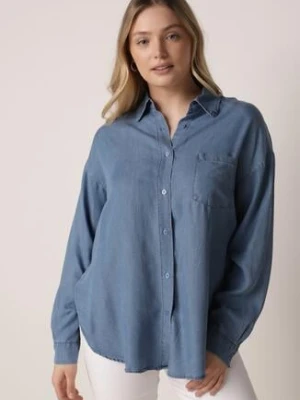 Niebieska Koszula Jeansowa z Bawełną Ozdobiona Kieszonką Koreti