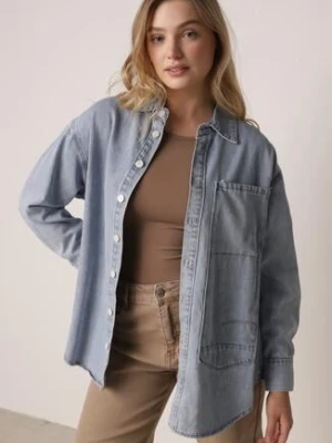 Niebieska Koszula Jeansowa z Bawełną Ozdobiona Przeszyciami Junie