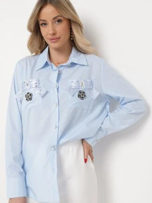 Niebieska Koszula na Biżuteryjne Guziki ze Zdobionymi Kieszeniami Nerlla elsa.m by may