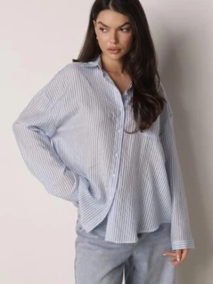 Niebieska Koszula o Kroju Oversize z Tencelu w Paski Ozdobiona Haftem Tidine