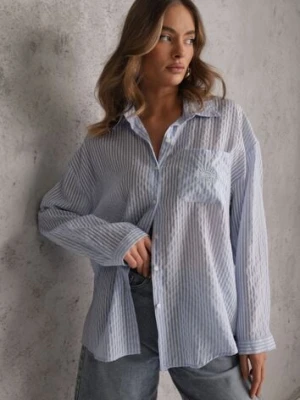 Niebieska Koszula Oversize z Tencelu w Paski z Haftowanym Wzorem Tidore