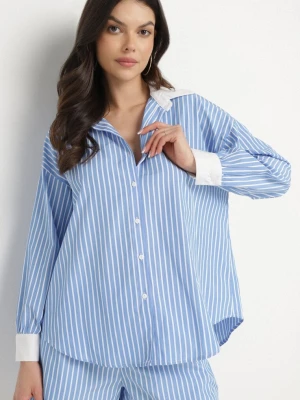 Niebieska Koszula w Paski o Kroju Oversize z Kontrastującymi Wstawkami Menestra Retro & Icone