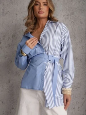 Niebieska Koszula Wiązana w Talii z Asymetrycznym Dołem w Paski Colle rosa