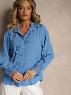 Niebieska Koszula z Ażurową Stójką i Bufiastym Rękawem Nito elsa.m by may