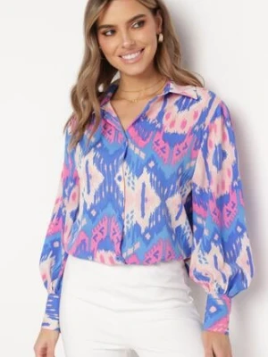 Niebieska Koszula z Bufiastymi Rękawami w Etno Wzór Ithilwen unigirl