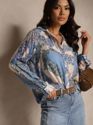 Niebieska Koszula z Wiskozą o Klasycznym Kroju w Ornamentalny Print Arasira rosa