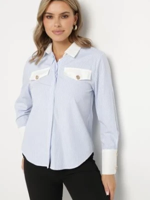 Niebieska Koszula Zapinana na Guziki z Klapami z Ozdobnymi Guzikami Nolnea rosa