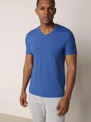 Niebieska Koszulka T-shirt z Bawełny z Dekoltem w Serek Rionisse