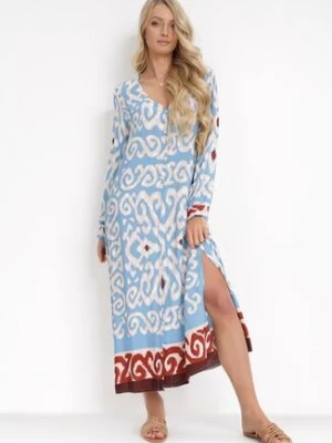 Niebieska Koszulowa Sukienka Maxi z Guzikami i Rozcięciami po Bokach Okotria rosa