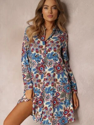 Niebieska Koszulowa Sukienka Midi w Kwiaty Livala rosa