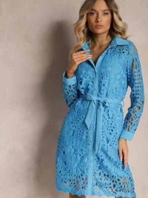 Niebieska Koszulowa Sukienka Mini z Ażurowej Koronki i Paskiem Norila elsa.m by may