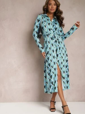 Niebieska Koszulowa Sukienka w Mozaikowy Wzór Wiązana w Pasie Azalie by swan