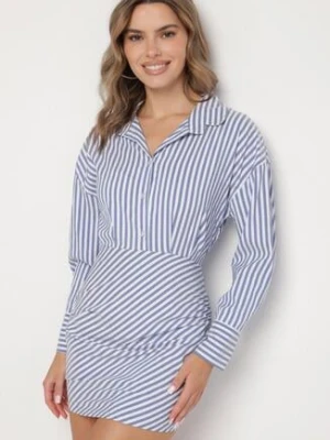 Niebieska Koszulowa Sukienka w Paski o Dopasowanym Kroju Meveira lovery