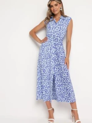 Niebieska Koszulowa Sukienka w Zwierzęcy Print Zapinana na Guziki z Materiałowym Paskiem Vespia retro & icone