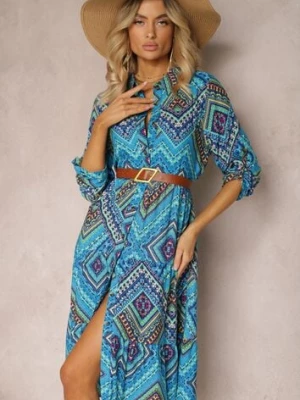 Niebieska Koszulowa Sukienka z Bawełnianej Tkaniny z Mozaikowym Wzorem Tesahina