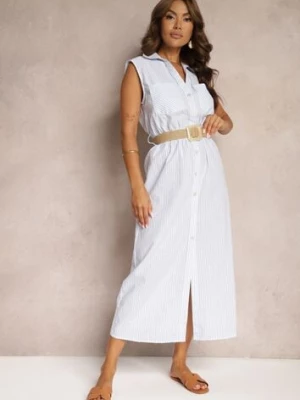 Niebieska Koszulowa Sukienka z Bawełny Bez Rękawów z Paskiem i Gumką w Talii Zalorea rosa