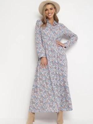 Niebieska Koszulowa Sukienka z Guzikami i Kołnierzem w Kwiaty Carmenia rosa