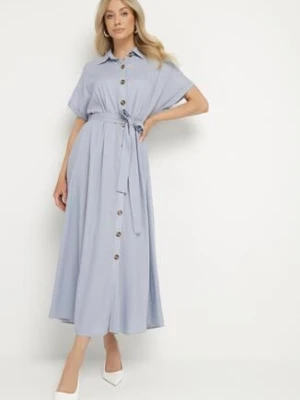 Niebieska Koszulowa Sukienka z Lnem Wiskozą i Paskiem Lenaviel m&d fashion