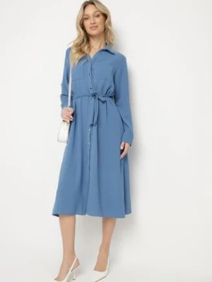 Niebieska Koszulowa Sukienka z Materiałowym Paskiem Vivinara j&x