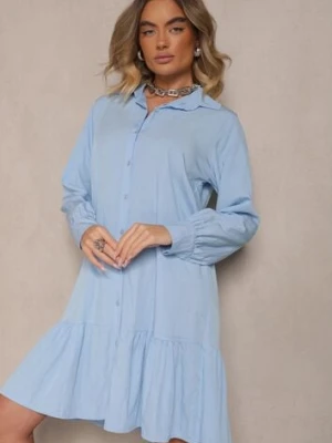Niebieska Koszulowa Sukienka z Wiskozą Zakończona Falbanką Tirzedi j studio