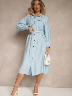 Niebieska Koszulowa Sukienka z Wiskozy z Paskiem z Klamrą i Kieszeniami Lisandrila unigirl