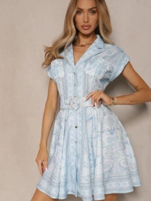 Niebieska Koszulowa Sukienka z Wiskozy z Paskiem z Klamrą Nitalana elsa.m by may