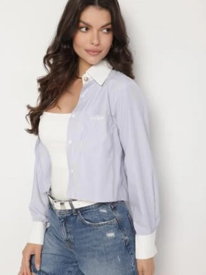 Niebieska Krótka Koszula w Paski na Guziki z Ozdobnymi Kieszeniami Ralflea rosa