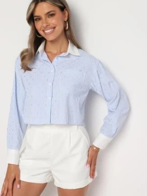 Niebieska Krótka Koszula z Długim Rękawem Ozdobiona Cyrkoniami Mevima rosa