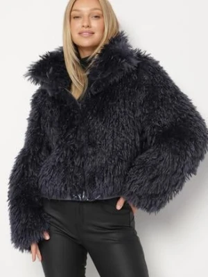 Granatowa Krótka Kurtka Futerko z Wysokim Kołnierzem i Długim Włosiem Lanalia ann gissy