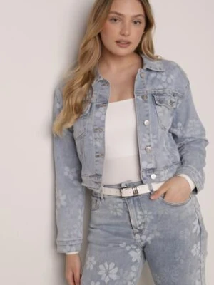 Niebieska Krótka Kurtka Jeansowa z Bawełną i Wiskozą w Kwiatowy Wzór Neanelith hello miss