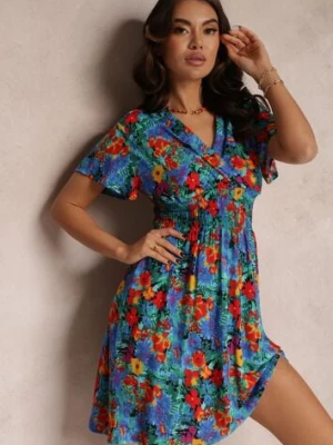 Niebieska Krótka Sukienka w Kwiaty z Szeroką Gumką w Pasie Meles cflo