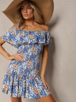 Niebieska Krótka Sukienka z Hiszpańskim Dekoltem z Elastycznej Wiskozy Celestine cflo