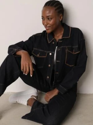 Niebieska Kurtka Jeansowa z Bawełną Zdobiona Kontrastowymi Lamówkami Nedore milas91